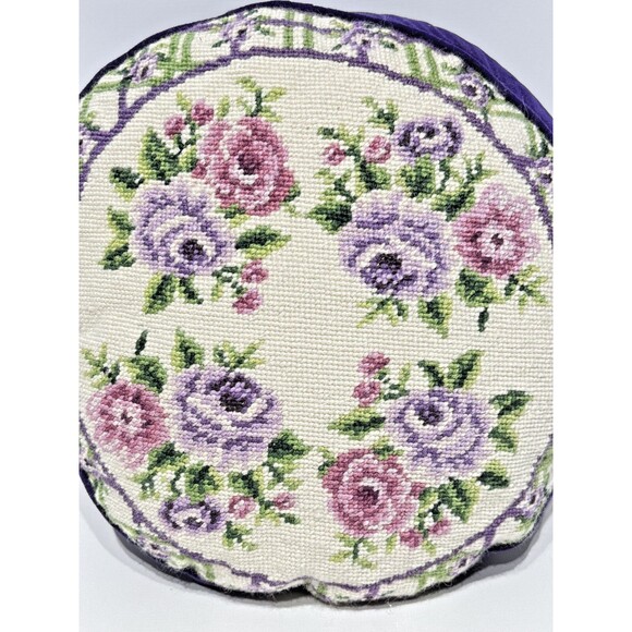 Grandma Pillow 12" Round Purple Velvet Floral Needlework Bed Couch Bedroom - Picture 2 of 7